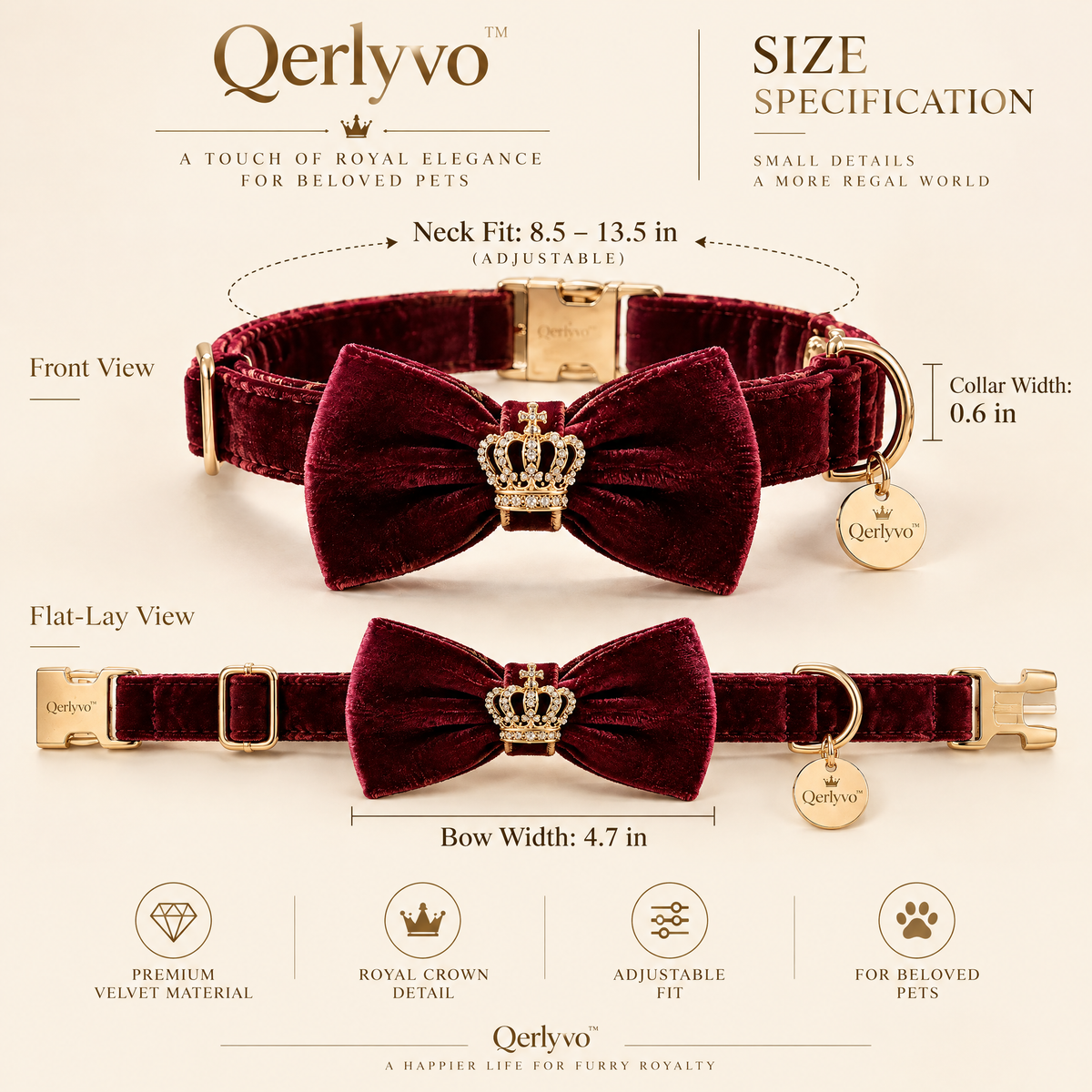 Qerlyvo™ Velvet Crown Pet Bow Tie Collar
