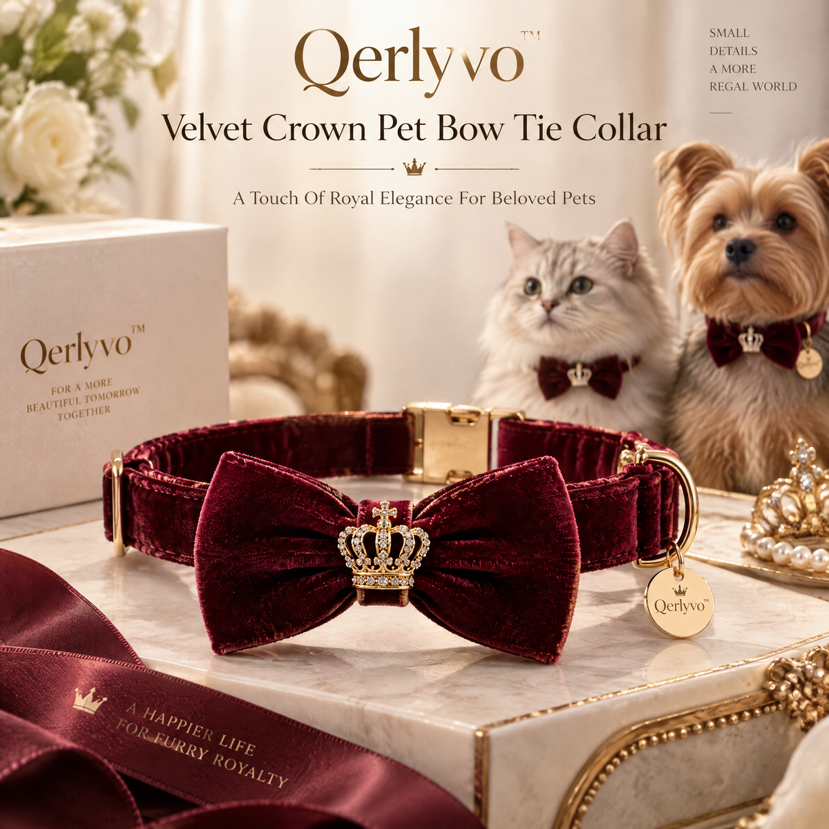 Qerlyvo™ Velvet Crown Pet Bow Tie Collar