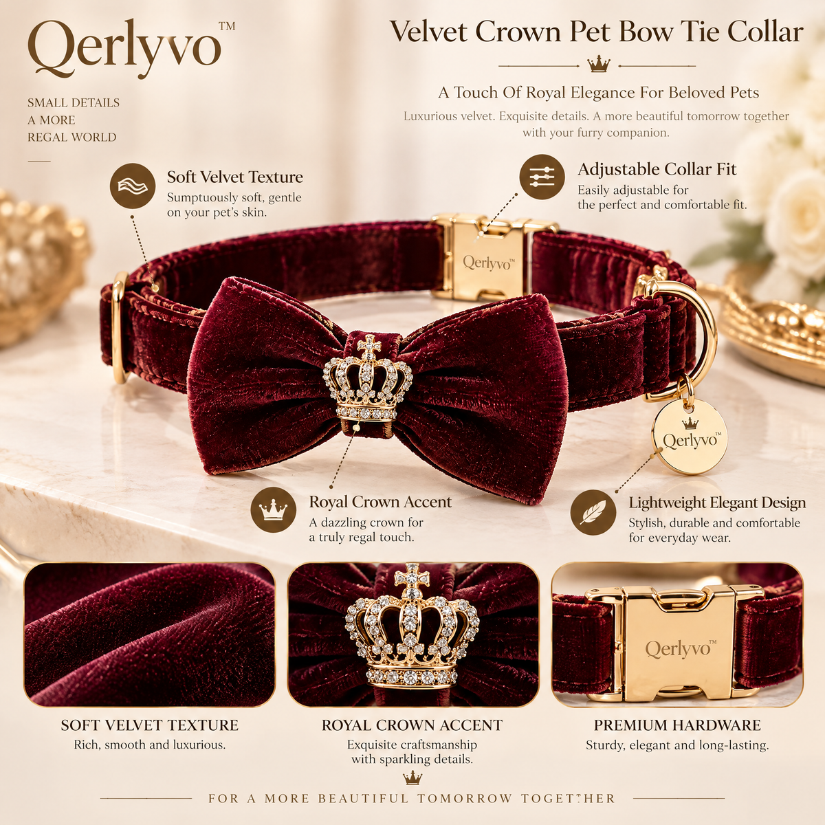 Qerlyvo™ Velvet Crown Pet Bow Tie Collar